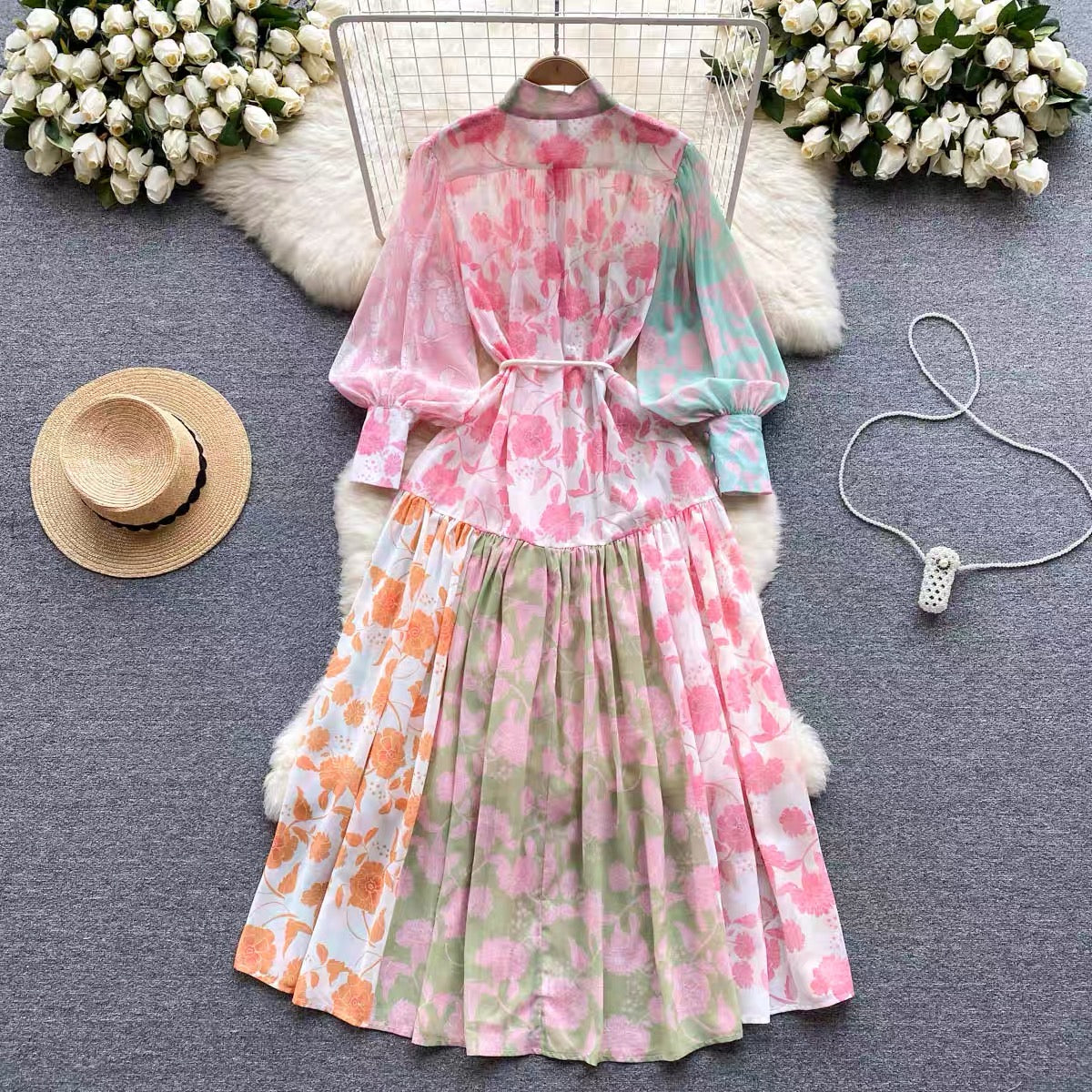 Spring and summer thin French high-end stand-up collar single-breasted lantern long-sleeved lace-up waist-length printed dress (D0981)
