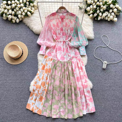 Spring and summer thin French high-end stand-up collar single-breasted lantern long-sleeved lace-up waist-length printed dress (D0981)