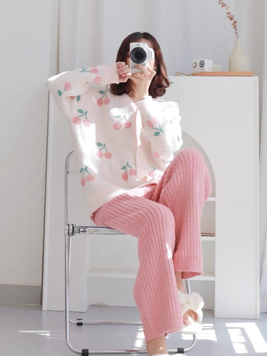 Beautiful things of the season~shui women's autumn and winter cherry cardigan coral velvet winter thickened velvet suit (B4911)