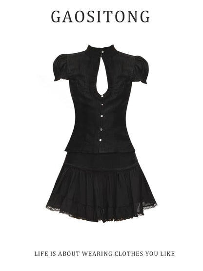GAOSITONG Women's Summer "Sweet-and-Spicy" Style Set: New Chinese-Style Stand-Collar Cut-Out Waist-Cinching Top & Lace-Trimmed Skirt (2026 Collection)