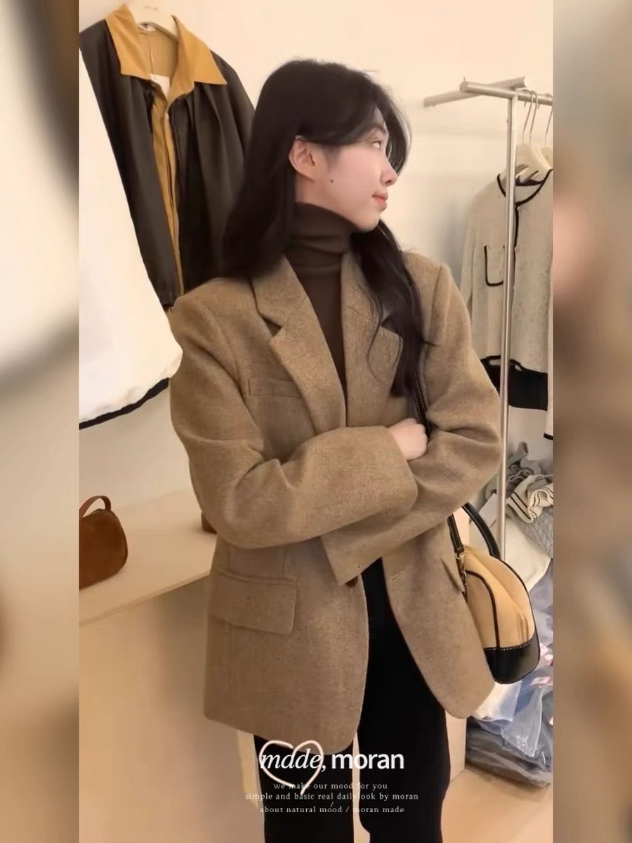 Retro high-end woolen suit jacket autumn and winter thick woolen casual small suit short coat temperament for small people