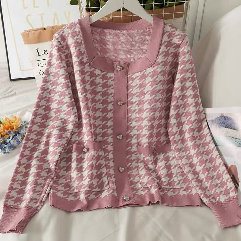 Suit women's 2023 autumn houndstooth square collar exposed collarbone single-breasted knitted jacket elastic waist slimming wide-leg pants