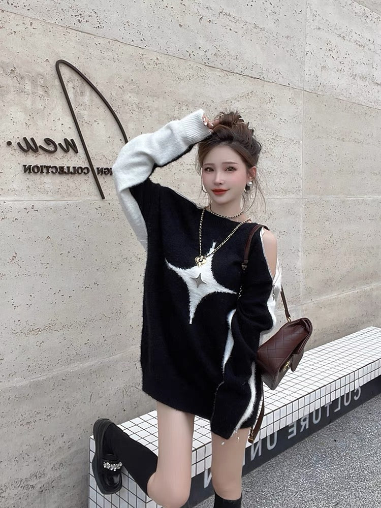 Xiao P Clothes Station mid-length lazy style sweater for women in autumn and winter high-end zipper color-blocked pullover sweater top (T0945)