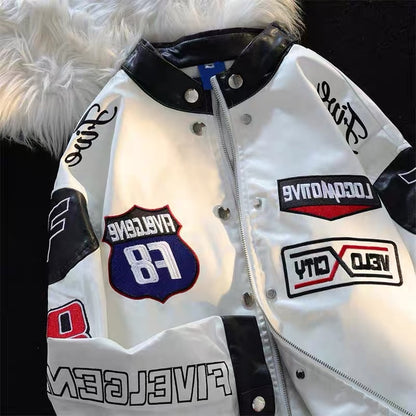 American tide brand vintage detachable racing suit men's and women's autumn and winter letter embroidery pu leather motorcycle jacket tide