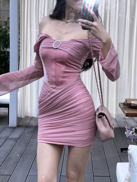 Luo Ge's Wool Roll Spring and Autumn Hot Girl Romantic Retro Sweet and Spicy Design Mesh Velvet Dress for Women