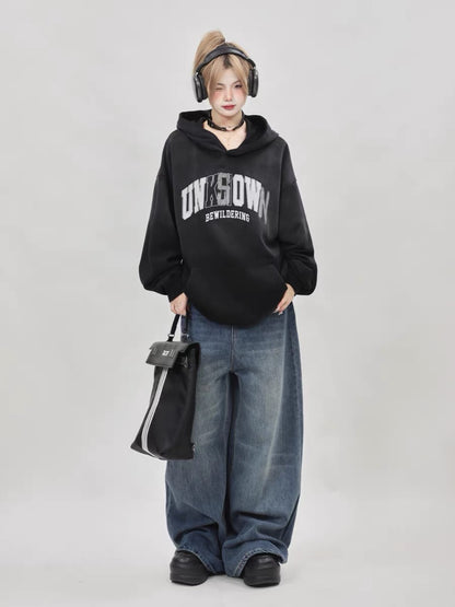 American retro niche oversize washed tie-dye gradient blue hooded sweatshirt for women spring and autumn 2023 new trend A3350