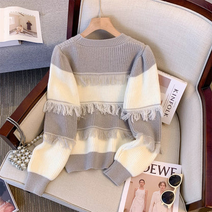 Western style age-reducing American retro pullover round neck striped tassel contrast sweater outer top for women autumn and winter new style