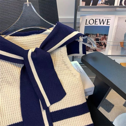 French Navy Collar Knitted Vest Women 2023 Summer Slim Slim Sleeveless T-shirt Small Fragrance Apricot Color Digging Shoulder Top