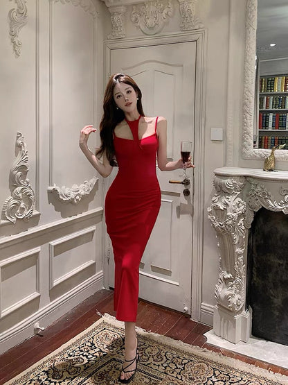 French red strapless Hong Kong style retro chic skirt for women summer high-end temperament slim goddess style dress