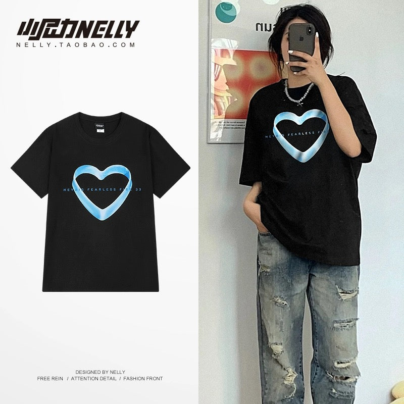 ins love mobius strip printed half-sleeved men and women 2024 summer niche design loose short-sleeved T-shirt
