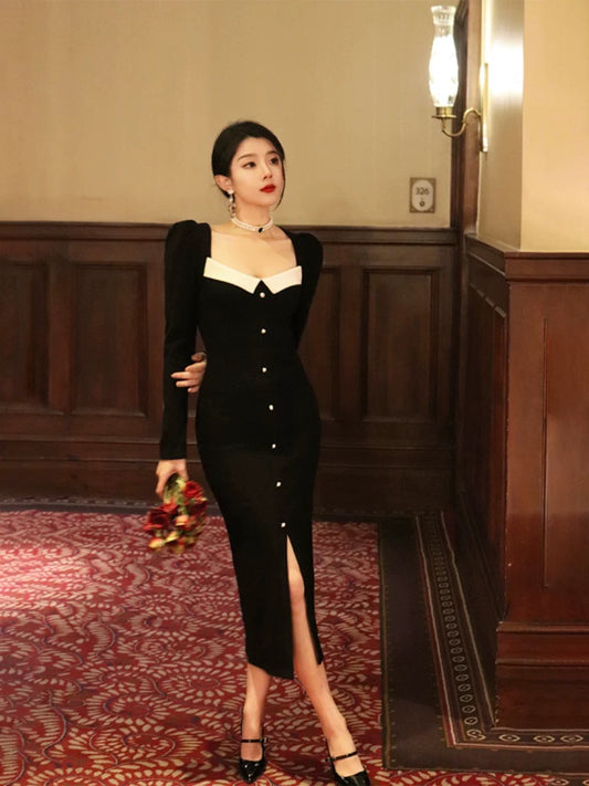Thirteen and Little French Hepburn style dress for women autumn and winter square neck slit slim fit black knitted skirt