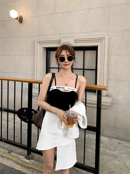 Mr. Zhang's plus size women's clothing contrasting color flesh-covering camisole fat sister mm slimming plus size top trendy sweet style (T143)