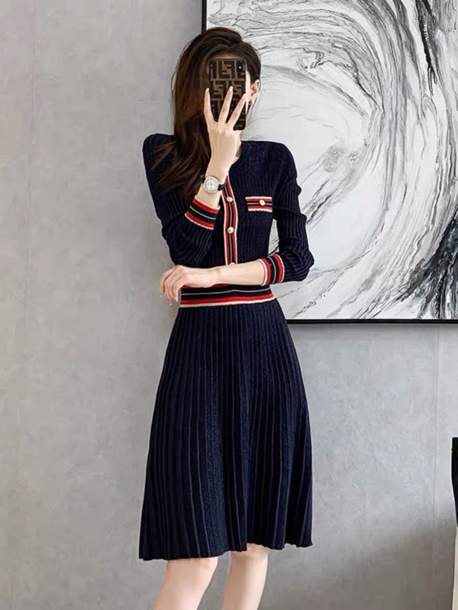 2023 autumn and winter new style small fragrant style knitted dress mid-length temperament inner body slimming high waist sweater skirt D8890