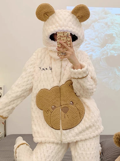 Coral velvet pajamas for women, winter cartoon bear with hood, autumn and winter velvet thickened zipper home clothes that can be worn outside