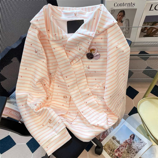 Milk fufu blue striped angel puppy sweater coat women's autumn and winter gentle Japanese style thick hooded knitted cardigan