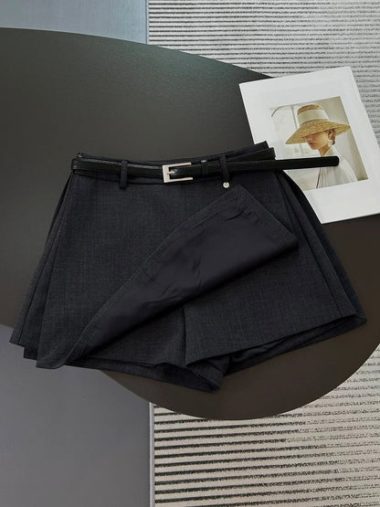 Gray high-waisted blazer skort with a side slit, flattering A-line fit. Easy to style for both work and casual looks.