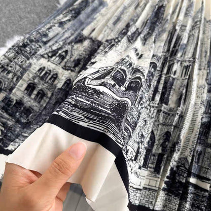 Hepburn style French early autumn fashion dress women's waist slimming ink painting printed splicing knitted pleated long skirt (S0995)