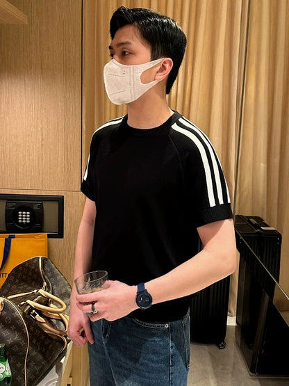 Summer new casual clothes men's knitted sweaters tops fashionable high-end contrast color striped slim fit T-shirt men's short sleeve