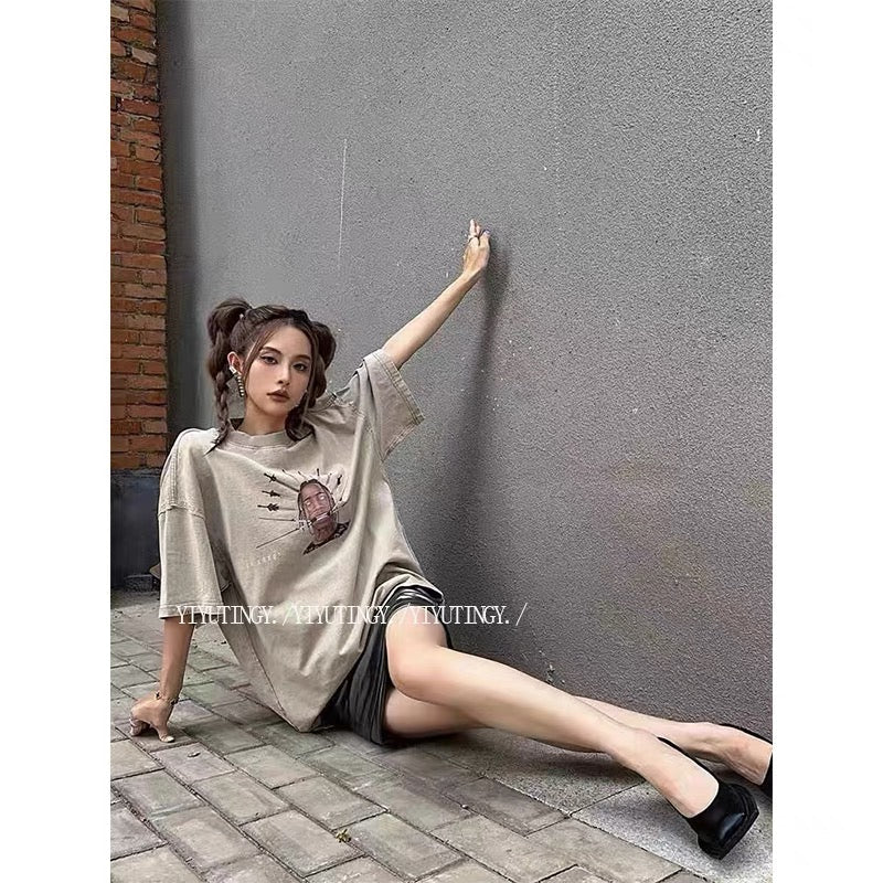American high street retro character printed T-shirt for women 2023 summer trendy brand loose slimming design top ins (A12)