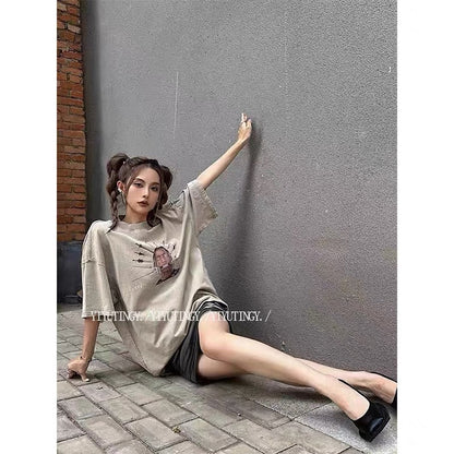 American high street retro character printed T-shirt for women 2023 summer trendy brand loose slimming design top ins (A12)