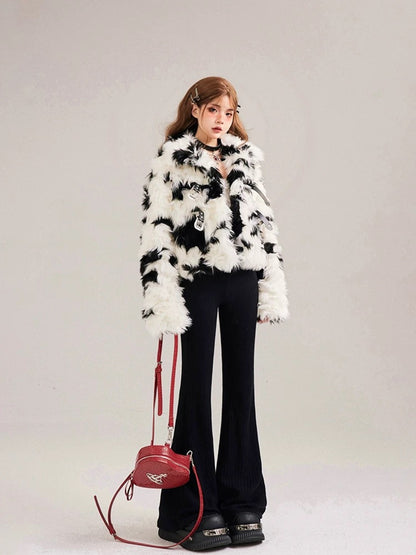 11SH97 Black and white plush fur coat for women winter new style warm loose cardigan long top