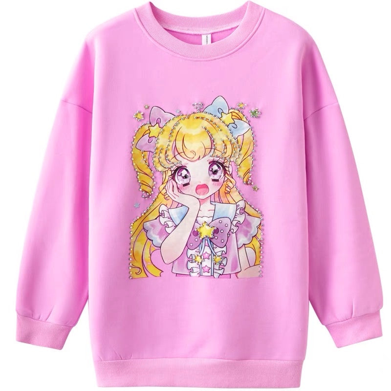 Winter heavy-duty studded Sailor Moon velvet thickened sweatshirt for women, lazy style, loose and slim, mid-length top