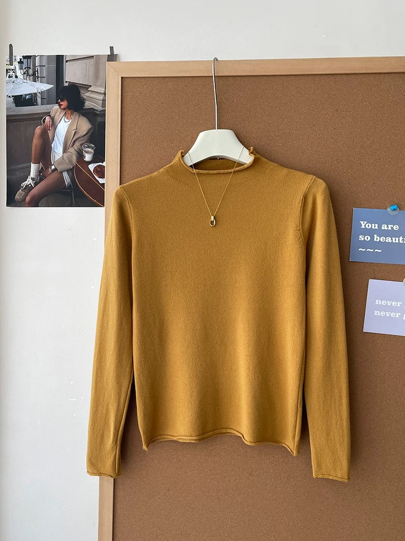 Retro soft and sticky cashmere rolled-edge turtleneck knit sweater for women, autumn and winter, gentle and versatile layering base layer top.