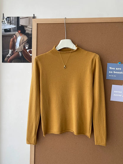 Retro soft and sticky cashmere rolled-edge turtleneck knit sweater for women, autumn and winter, gentle and versatile layering base layer top.