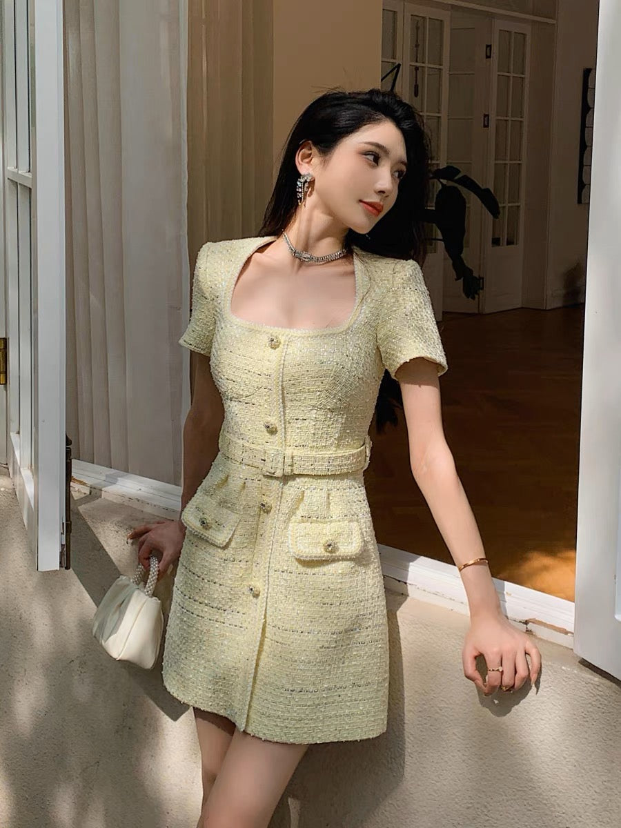 Internet celebrity popular rich daughter lemon yellow short-sleeved small fragrant dress women's summer new slim short skirt (D167)