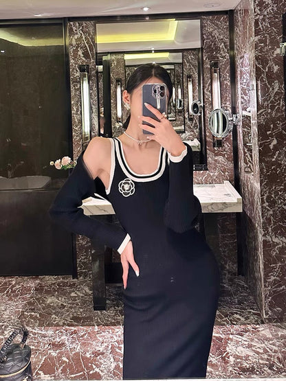 BETTER LS Xiaoxiangfeng knitted suit skirt for women autumn long-sleeved cardigan coat suspender dress two-piece set (D0987)