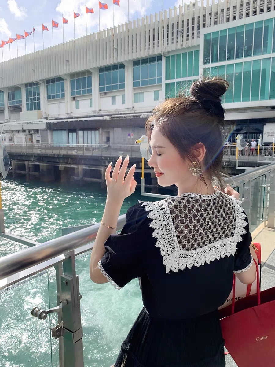 Fish Rabbit Rabbit Lace Chiffon Shirt Women's High-end Temperament Lace Stitching Round Neck Black Puff Sleeve Top