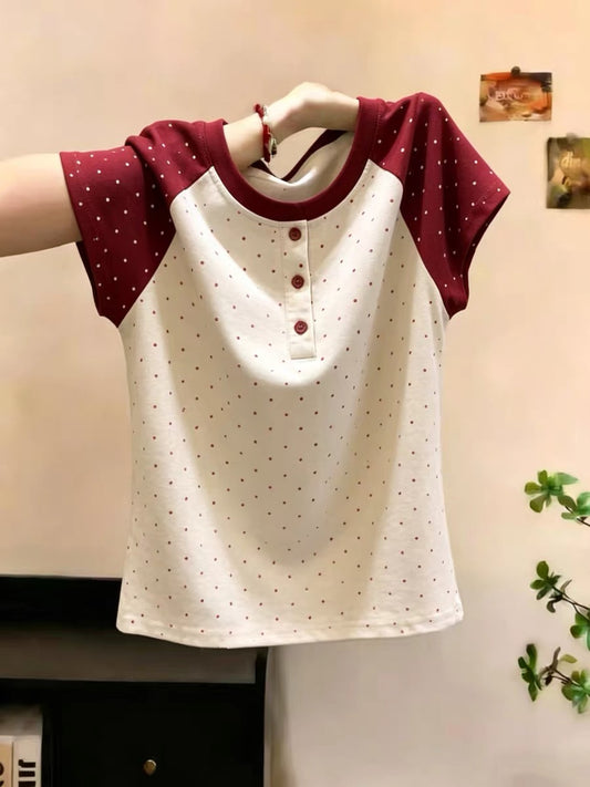 Shenzhen Nanyou Brand Women's Clothing ~ Fashionable Polka Dot Color Block Versatile Short-Sleeve T-Shirt 2026 Summer New Style Top