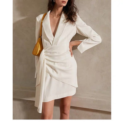 High-end design white V-neck long-sleeved dress French elegant big-name temperament dress dinner party annual meeting (V8813)