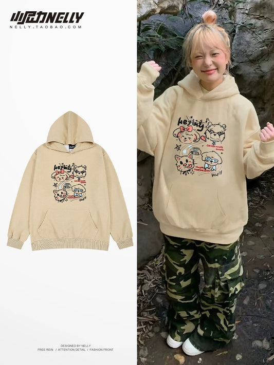 Heavy trendy brand cartoon print hooded sweatshirt for men and women in autumn and winter thickened trendy brand handsome high street American retro jacket