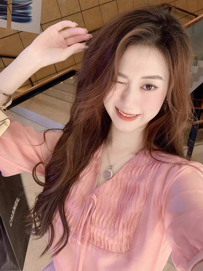 Fish Rabbit's Rabbit Gentle Wind Dress 2023 New Women's Summer Niche Waist Slim V-neck A-line Skirt
