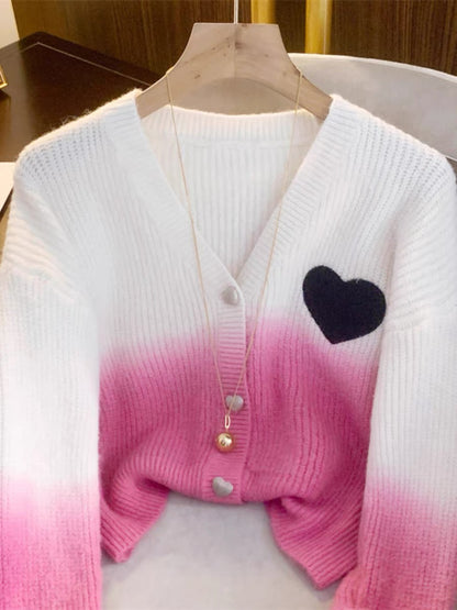 Gradient pink love V-neck knitted cardigan for women 2023 autumn and winter new style warm and soft waxy short outer sweater jacket V1135