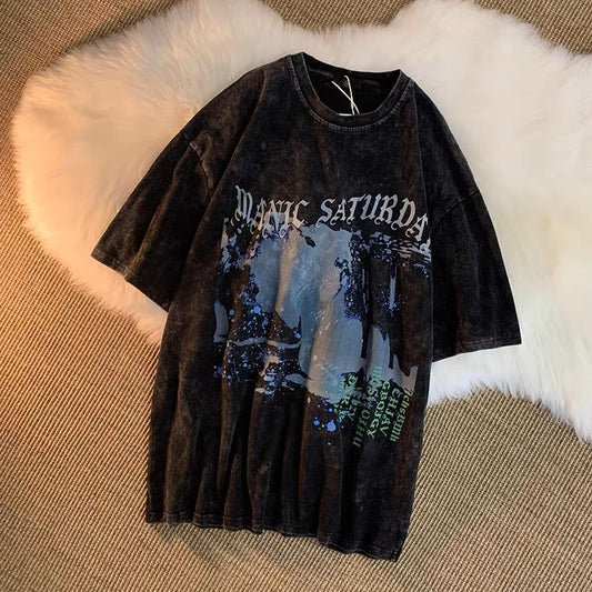 Trendy brand American retro round neck t-shirt oversize2023 summer new style graffiti print loose short-sleeved for men and women (S0625)