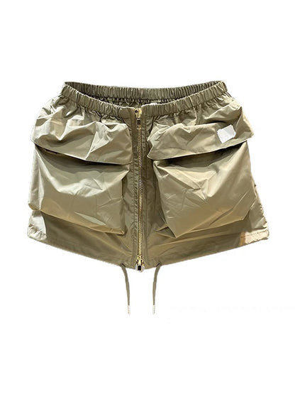 American thin section large pocket zipper tooling skirt women's summer elastic waist casual drawstring age-reducing A-line skirt