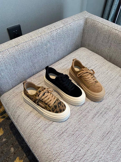 Women's sneakers 2023 autumn new fashion fashion frosted genuine leather lace-up leopard print thick-soled ins casual shoes women's trend (G014)