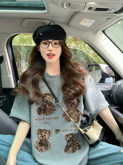Gray Heavy Industry Bear Short-sleeved T-shirt Women 2025 New Spring and Summer Design Sense of Western Style Loose European Goods Large Edition Top