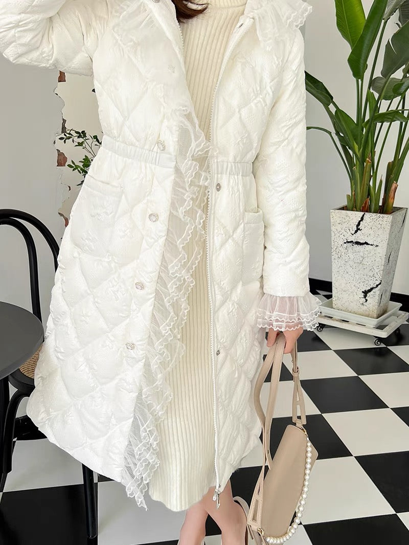 Nori's gentle and super fairy French lace ruffled silver silk cotton coat waist hooded down cotton coat mid-length