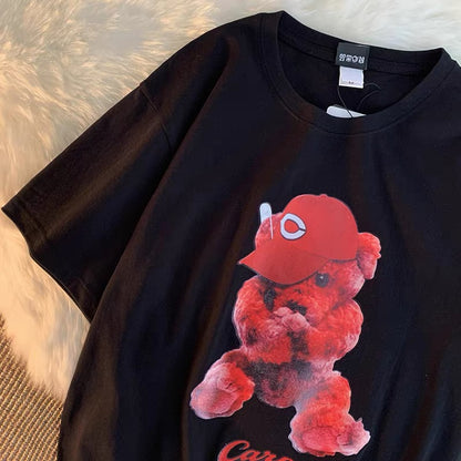 Hip-hop bear short-sleeved T-shirt for men and women, trendy loose oversize round neck half-sleeved T-shirt (S0622)
