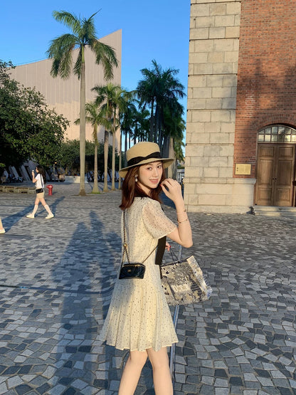 Fish Rabbit Rabbit Xiaoxiang style French polka dot dress female summer new design pleated short skirt
