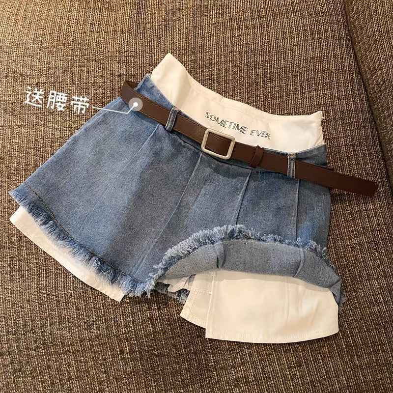 Irregular fake two-piece denim skirt female summer small tall waist thin a-line sexy pleated short skirt