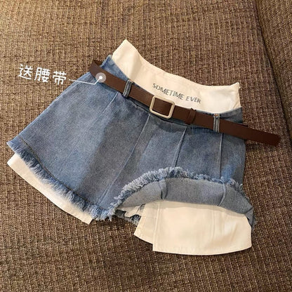 Irregular fake two-piece denim skirt female summer small tall waist thin a-line sexy pleated short skirt
