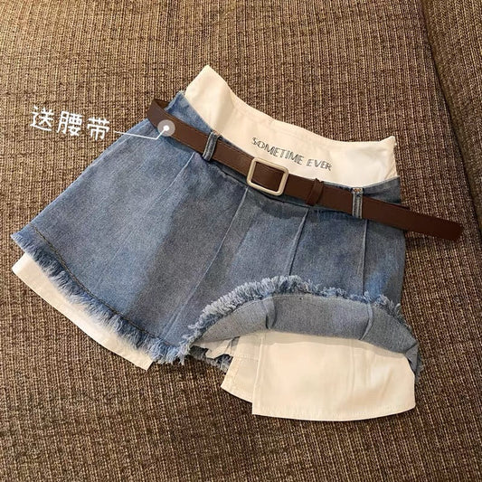 Irregular fake two-piece denim skirt female summer small tall waist thin a-line sexy pleated short skirt