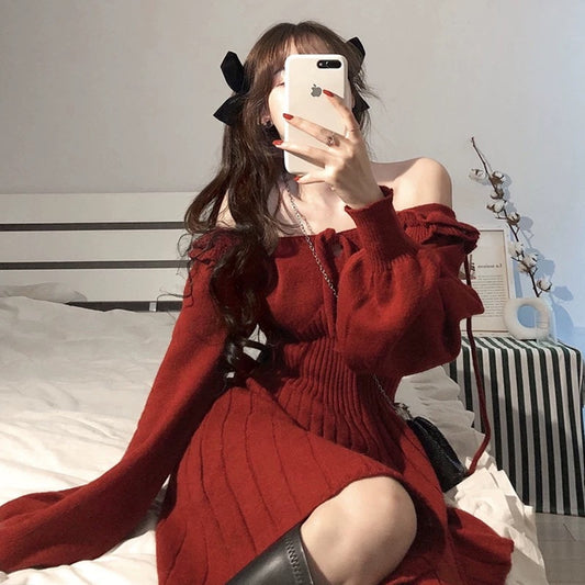 2023 new autumn and winter Christmas red knitted dress for women retro square neck waist mid-length waist skirt