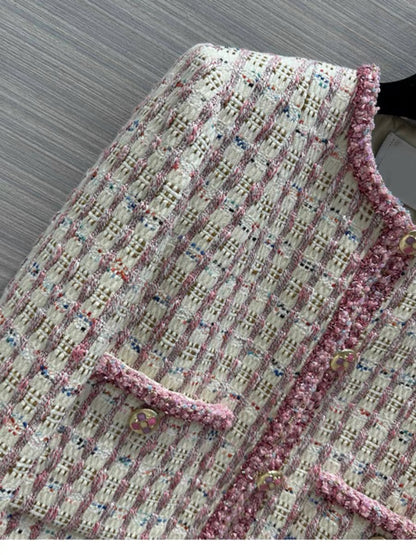 Fashionable temperament and age-reducing girl Xiaoxiangfeng 23 autumn new round neck long sleeve colorful gauze check short casual jacket