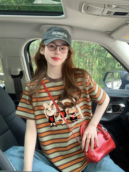 Rabbit print striped short-sleeved T-shirt for women 2025 new summer European goods high-end shoulder loose western-style top