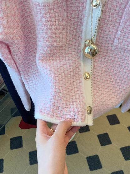 Xiaoxiang style pink navy collar knitted cardigan autumn and winter women's 2023 new style gentle style sweet short sweater jacket